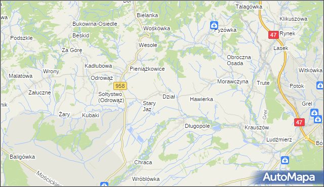 mapa Dział gmina Czarny Dunajec, Dział gmina Czarny Dunajec na mapie Targeo