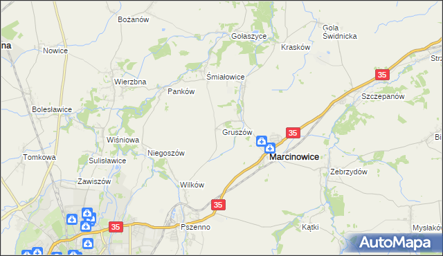 mapa Gruszów gmina Marcinowice, Gruszów gmina Marcinowice na mapie Targeo