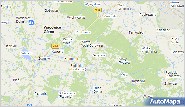 mapa Grzybów gmina Wadowice Górne, Grzybów gmina Wadowice Górne na mapie Targeo