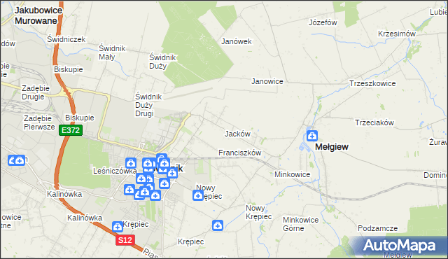 mapa Jacków gmina Mełgiew, Jacków gmina Mełgiew na mapie Targeo