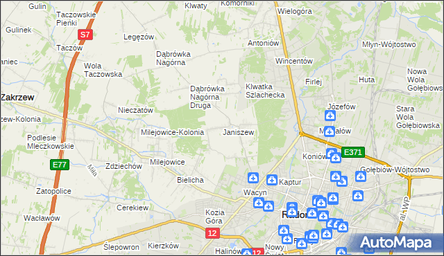 mapa Janiszew gmina Zakrzew, Janiszew gmina Zakrzew na mapie Targeo