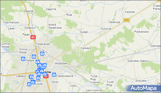 mapa Karwacz gmina Łuków, Karwacz gmina Łuków na mapie Targeo