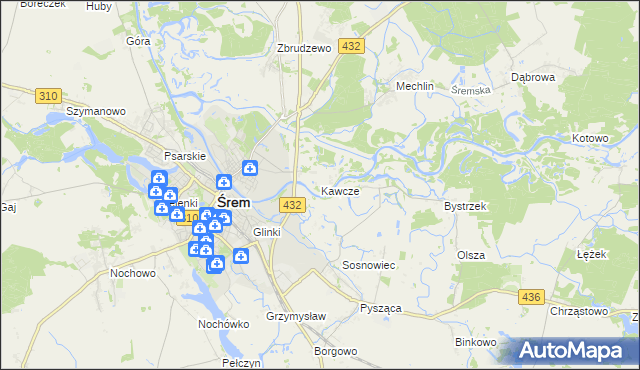 mapa Kawcze gmina Śrem, Kawcze gmina Śrem na mapie Targeo