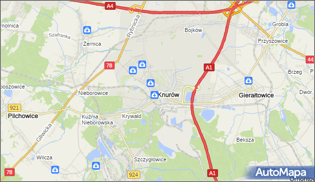 mapa Knurów powiat gliwicki, Knurów powiat gliwicki na mapie Targeo