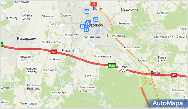 mapa Kowalewice gmina Parzęczew, Kowalewice gmina Parzęczew na mapie Targeo