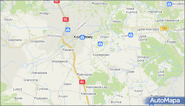 mapa Koziegłówki, Koziegłówki na mapie Targeo