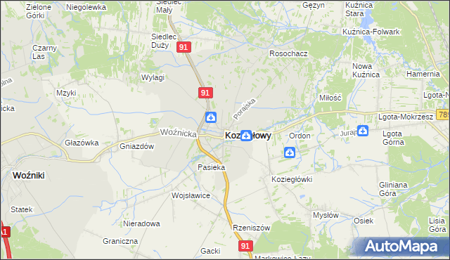 mapa Koziegłowy powiat myszkowski, Koziegłowy powiat myszkowski na mapie Targeo