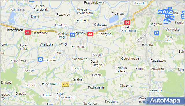 mapa Krzęcin gmina Skawina, Krzęcin gmina Skawina na mapie Targeo