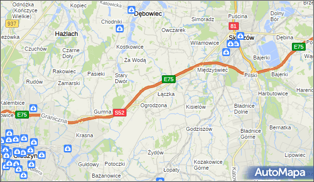 mapa Łączka gmina Dębowiec, Łączka gmina Dębowiec na mapie Targeo