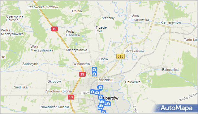 mapa Lisów gmina Lubartów, Lisów gmina Lubartów na mapie Targeo