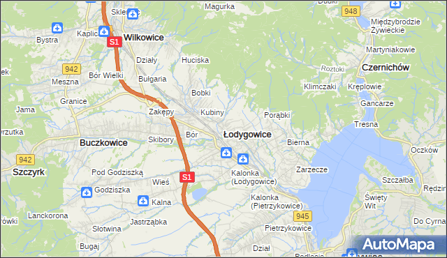 mapa Łodygowice powiat żywiecki, Łodygowice powiat żywiecki na mapie Targeo