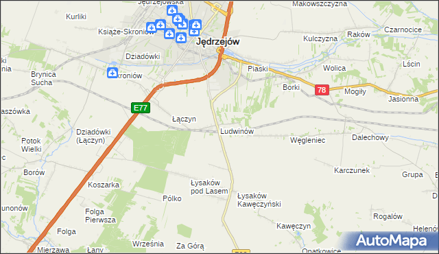 mapa Ludwinów gmina Jędrzejów, Ludwinów gmina Jędrzejów na mapie Targeo