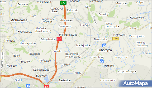mapa Maciejowice gmina Kocmyrzów-Luborzyca, Maciejowice gmina Kocmyrzów-Luborzyca na mapie Targeo