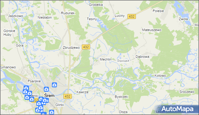 mapa Mechlin gmina Śrem, Mechlin gmina Śrem na mapie Targeo