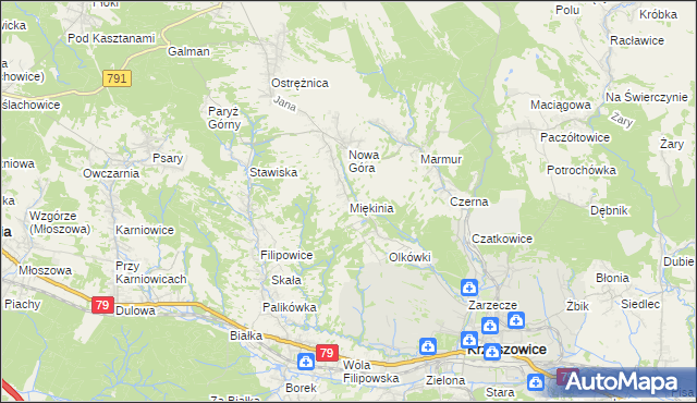 mapa Miękinia gmina Krzeszowice, Miękinia gmina Krzeszowice na mapie Targeo