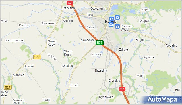 mapa Nowiny gmina Pasłęk, Nowiny gmina Pasłęk na mapie Targeo