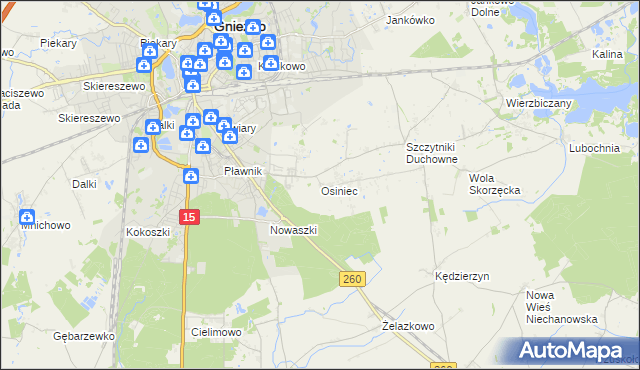mapa Osiniec gmina Gniezno, Osiniec gmina Gniezno na mapie Targeo