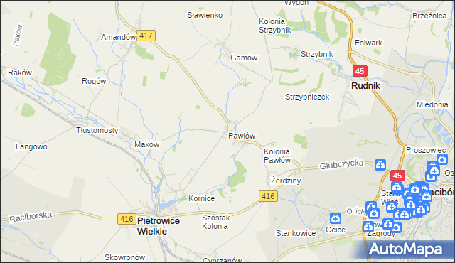 mapa Pawłów gmina Pietrowice Wielkie, Pawłów gmina Pietrowice Wielkie na mapie Targeo