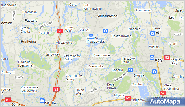 mapa Pisarzowice gmina Wilamowice, Pisarzowice gmina Wilamowice na mapie Targeo