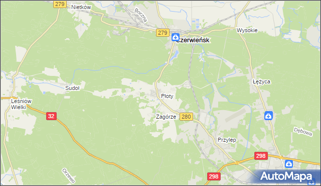 mapa Płoty gmina Czerwieńsk, Płoty gmina Czerwieńsk na mapie Targeo