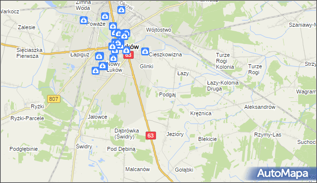 mapa Podgaj gmina Łuków, Podgaj gmina Łuków na mapie Targeo