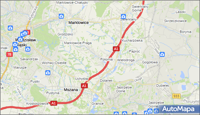 mapa Połomia gmina Mszana, Połomia gmina Mszana na mapie Targeo