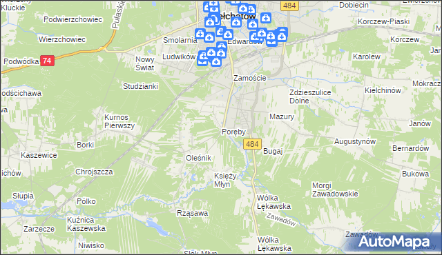 mapa Poręby gmina Bełchatów, Poręby gmina Bełchatów na mapie Targeo