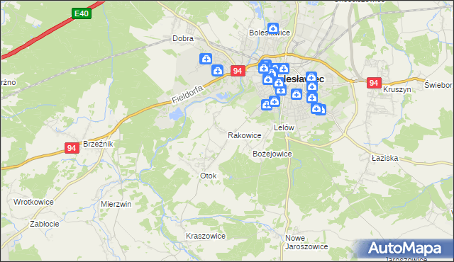 mapa Rakowice gmina Bolesławiec, Rakowice gmina Bolesławiec na mapie Targeo