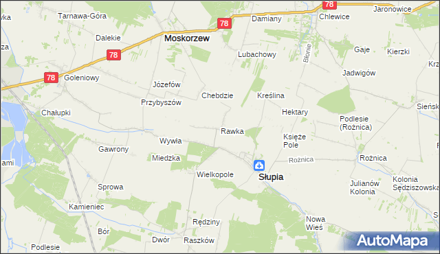 mapa Rawka gmina Słupia, Rawka gmina Słupia na mapie Targeo