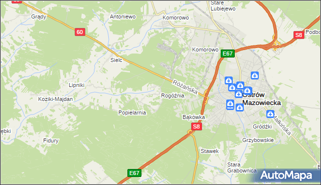 mapa Rogóźnia gmina Ostrów Mazowiecka, Rogóźnia gmina Ostrów Mazowiecka na mapie Targeo