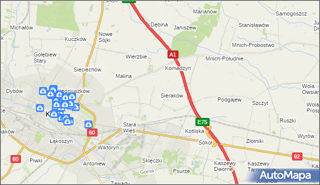 mapa Sieraków gmina Kutno, Sieraków gmina Kutno na mapie Targeo