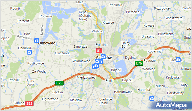 mapa Skoczów powiat cieszyński, Skoczów powiat cieszyński na mapie Targeo