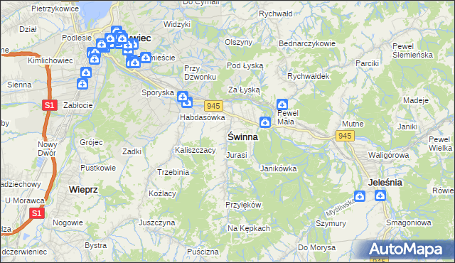 mapa Świnna powiat żywiecki, Świnna powiat żywiecki na mapie Targeo