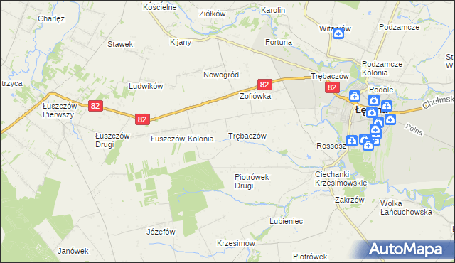 mapa Trębaczów gmina Łęczna, Trębaczów gmina Łęczna na mapie Targeo