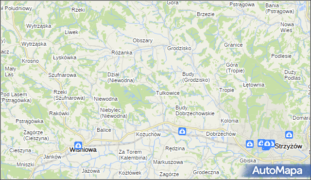 mapa Tułkowice gmina Wiśniowa, Tułkowice gmina Wiśniowa na mapie Targeo