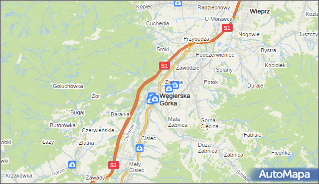 mapa Węgierska Górka, Węgierska Górka na mapie Targeo