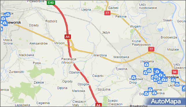 mapa Wierzbna gmina Pawłosiów, Wierzbna gmina Pawłosiów na mapie Targeo