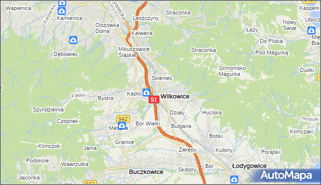 mapa Wilkowice powiat bielski, Wilkowice powiat bielski na mapie Targeo