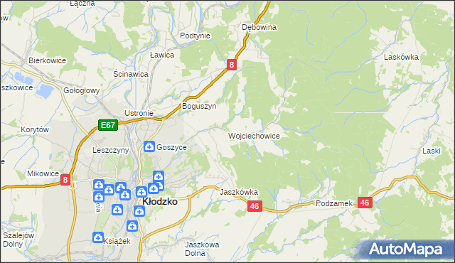 mapa Wojciechowice gmina Kłodzko, Wojciechowice gmina Kłodzko na mapie Targeo