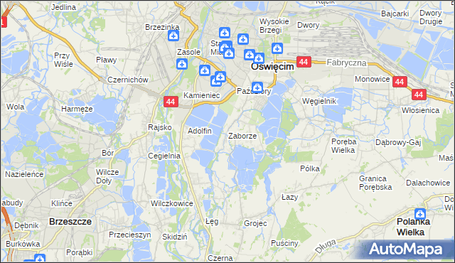 mapa Zaborze gmina Oświęcim, Zaborze gmina Oświęcim na mapie Targeo