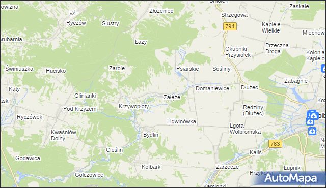 mapa Załęże gmina Wolbrom, Załęże gmina Wolbrom na mapie Targeo