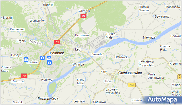mapa Zawada gmina Połaniec, Zawada gmina Połaniec na mapie Targeo