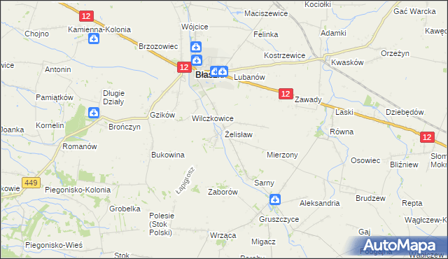 mapa Żelisław gmina Błaszki, Żelisław gmina Błaszki na mapie Targeo