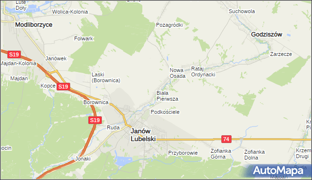 mapa Biała Pierwsza gmina Janów Lubelski, Biała Pierwsza gmina Janów Lubelski na mapie Targeo