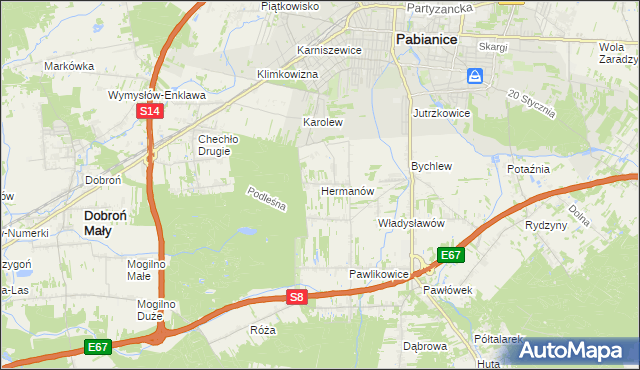 mapa Hermanów gmina Pabianice, Hermanów gmina Pabianice na mapie Targeo