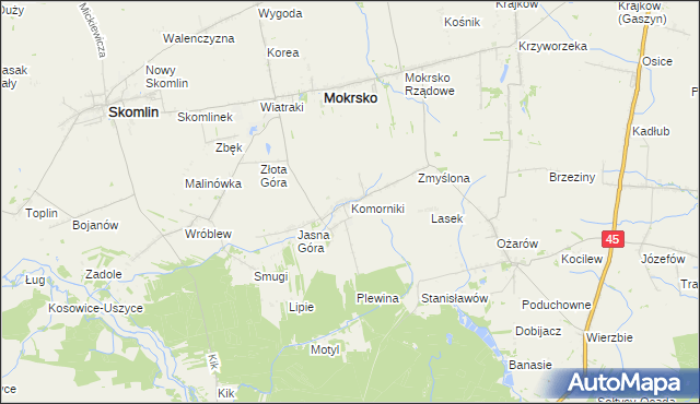 mapa Komorniki gmina Mokrsko, Komorniki gmina Mokrsko na mapie Targeo