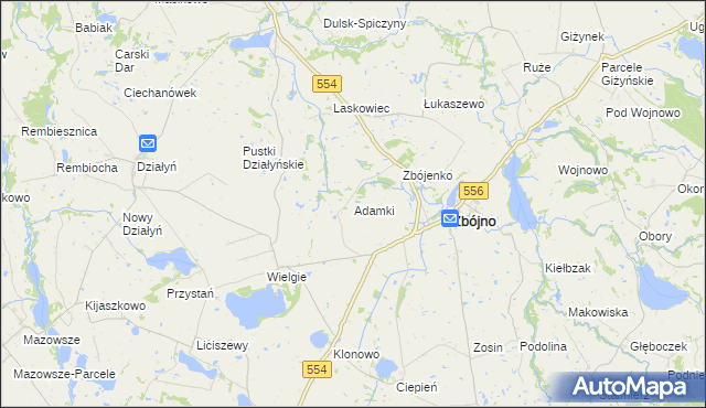 mapa Adamki gmina Zbójno, Adamki gmina Zbójno na mapie Targeo