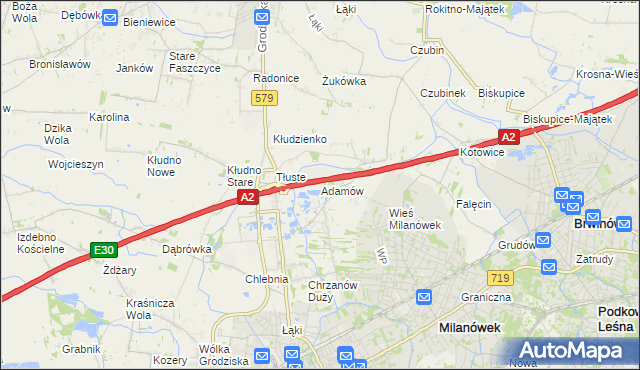 mapa Adamów gmina Grodzisk Mazowiecki, Adamów gmina Grodzisk Mazowiecki na mapie Targeo