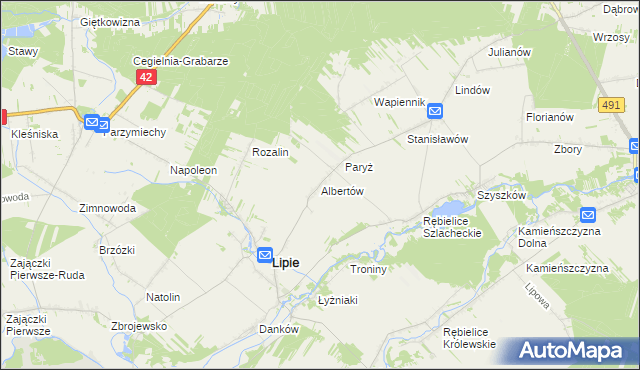 mapa Albertów gmina Lipie, Albertów gmina Lipie na mapie Targeo