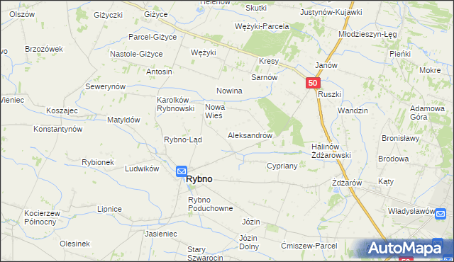 mapa Aleksandrów gmina Rybno, Aleksandrów gmina Rybno na mapie Targeo